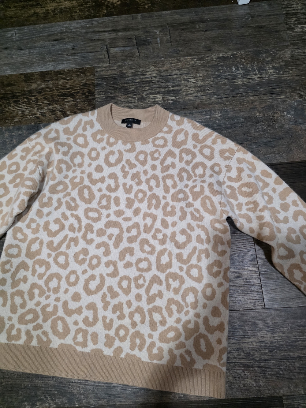 Ann Taylor Cream and Beige Cashmere Leopard Crewneck